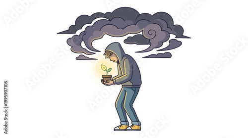 A person in a hoodie protects a glowing plant under dark, ominous clouds, symbolizing hope amidst despair and mental struggle.