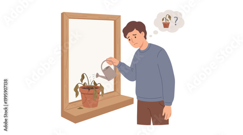 A man looks sad and confused while watering a wilting, dying plant on a windowsill, wondering what went wrong.