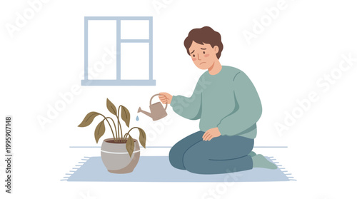 A sad man kneels on a rug, watering a wilting potted plant with a small watering can, trying to revive it.
