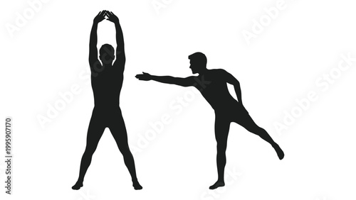 Two silhouetted men demonstrate stretching exercises showcasing body alignment and flexibility
