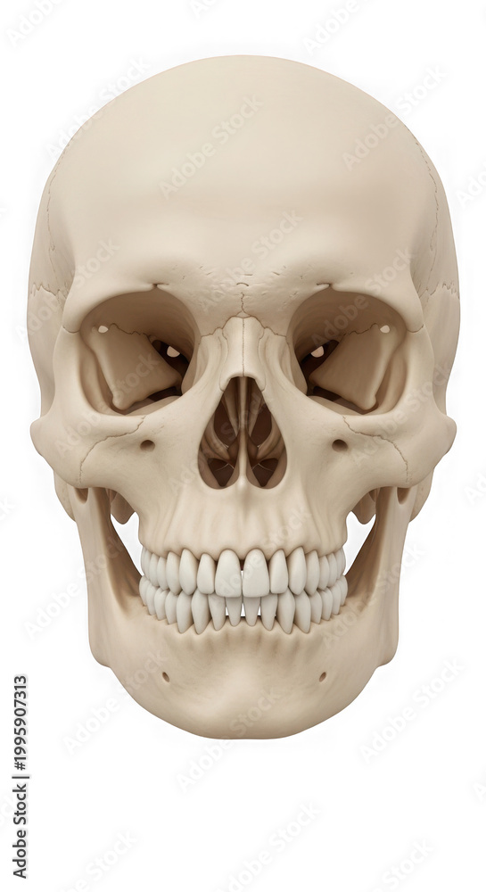 Fototapeta premium Front view of human skull on transparent background, detailed anatomy.