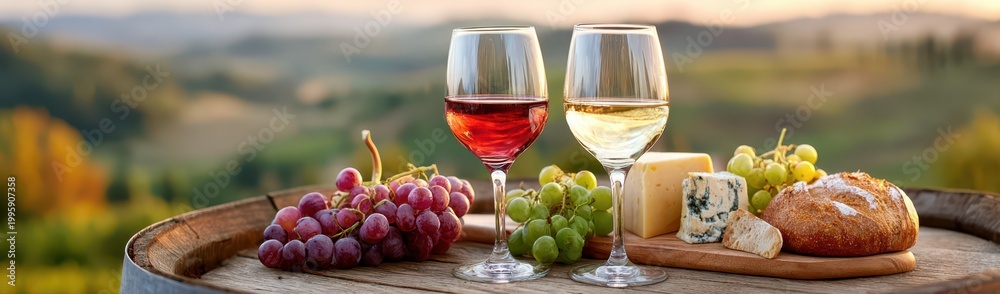 Fototapeta premium Wine Tasting Experience With Red And White Wine, Grapes, Cheese, And Bread On A Barrel In A Vineyard