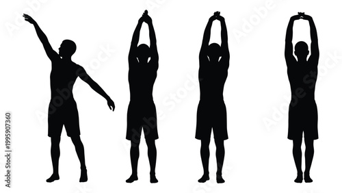 Silhouettes of a man demonstrating a stretching exercise in four progressive poses