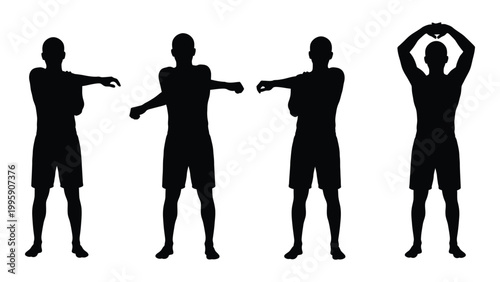 Four silhouettes of men demonstrating different stretching or exercise poses high quality