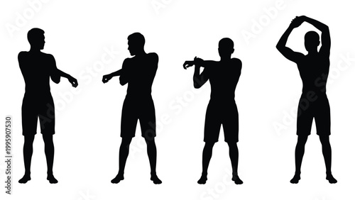 Four silhouetted figures demonstrate different stretching and exercise poses against a white background
