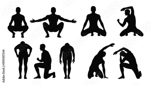 Silhouettes of people performing various stretching and yoga poses against a white background