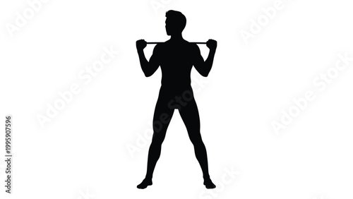 Silhouette of a muscular man performing a barbell squat exercise against a white background