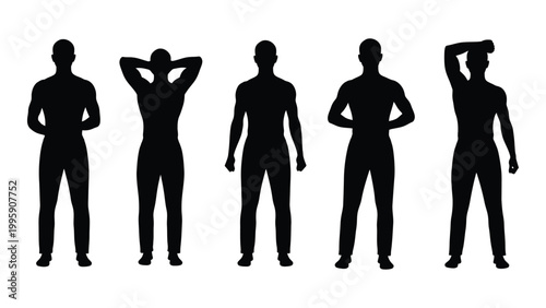 Silhouette series depicting five men in various standing poses against a white background