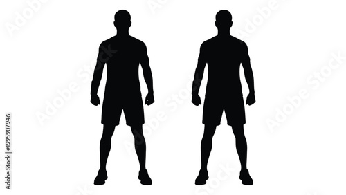 Two identical male silhouettes stand facing forward against a stark white background