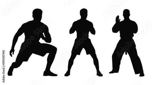Three silhouetted figures demonstrate martial arts stances showcasing dynamic movement and strength