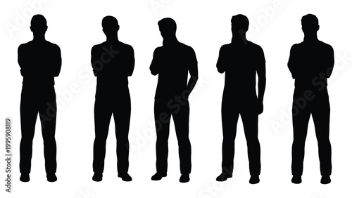 A row of five silhouetted men standing side by side against a white background
