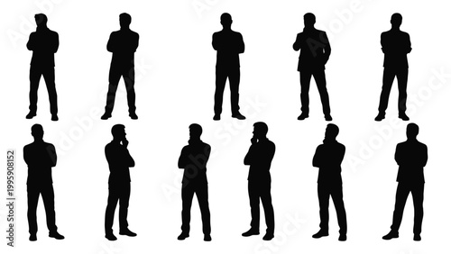 A collection of black silhouettes depicting various standing and thoughtful male figures