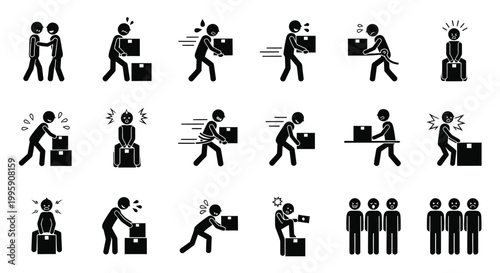 Stick figure icons showing various human emotions and actions while working with heavy cardboard boxes