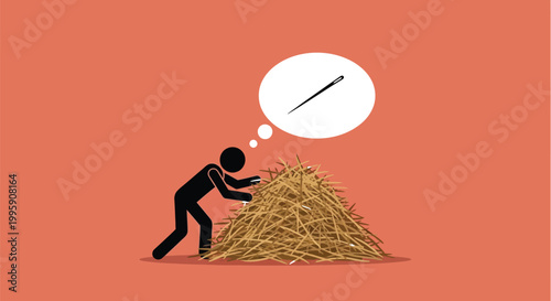 Stick figure searching through a pile of hay to find a tiny hidden sewing needle