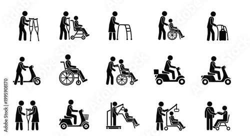 Collection of stick figure icons representing people using various mobility aids and medical equipment devices daily