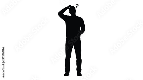A silhouetted man stands with his hand raised to his head appearing confused