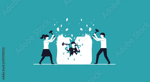 Three people using hammers to break through a large solid block of ice together team work