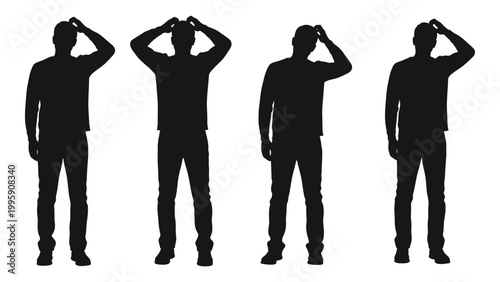 Four silhouetted men with hands raised appearing to surrender or in contemplation