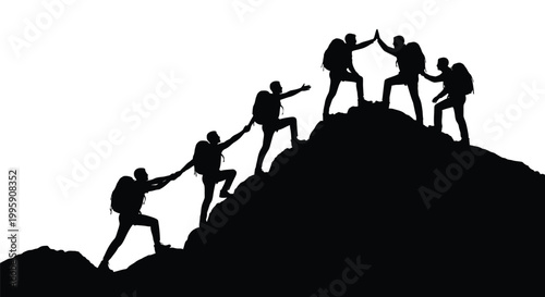 Silhouettes of a climbing team ascending a rugged mountain, demonstrating teamwork and celebrating success at the peak.