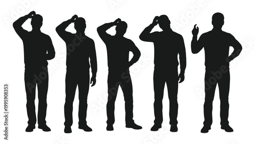 Silhouettes of five men in various thinking or questioning poses against a white backdrop