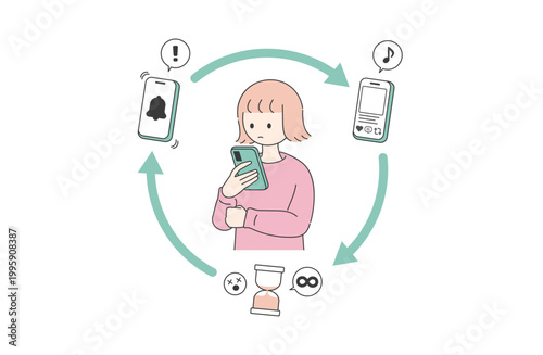 通知からSNSへつい見てしまうスマホ依存のループ フラットイラスト