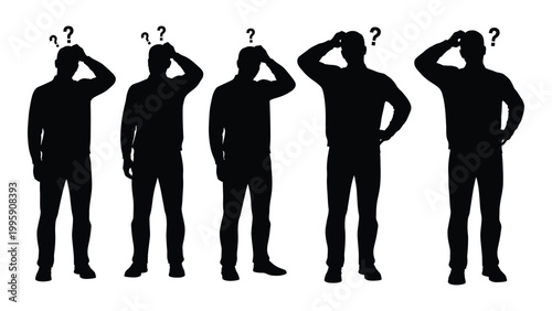 Silhouettes of five men scratching their heads in a questioning pose