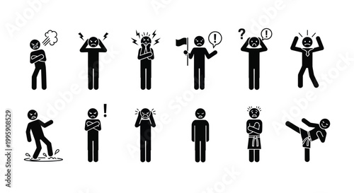 Collection of stick figures expressing various negative emotions and reactions through clear pictograms