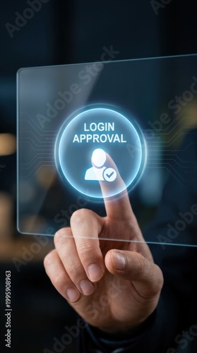 Man touching virtual screen for identity verification login approval. Digital security access concept with biometric identification and cyber protection of user account in modern network.
