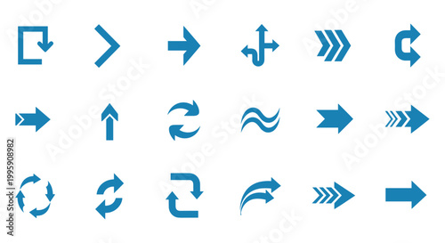 Arrow icons set. Collection of modern directional pointers with different shapes and styles in blue color.