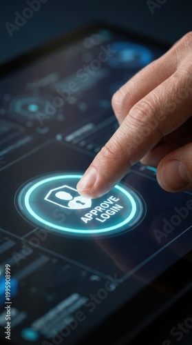 Man touching digital screen to approve login for identity verification. Access control with biometric security and cyber protection. Concept of secure online data privacy and authentication.