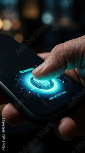 Man scanning fingerprint on smartphone screen for biometric security verification. Digital identity access and user authentication process. Cyber technology for safe data protection system.
