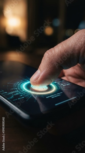 Man finger scanning on smartphone screen for digital identity verification. Innovative biometric authentication system for secure access and data protection in modern cyber technology.
