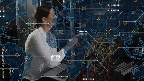 Woman network tech running diagnostics tracing yellow cable reseating ports overlay mapping network