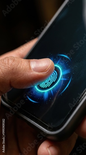 Man using finger to scan biometric fingerprint on digital smartphone screen. Close up of electronic identity verification for secure access. Future cyber security and mobile technology concept.