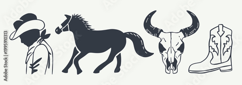 Vintage Wild West Hand Drawn Silhouette Set Featuring Cowboy Horse Bull Skull and Boot Illustrations