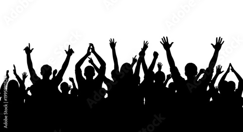 A silhouette of a crowd of people with their hands raised in celebration against a white background.