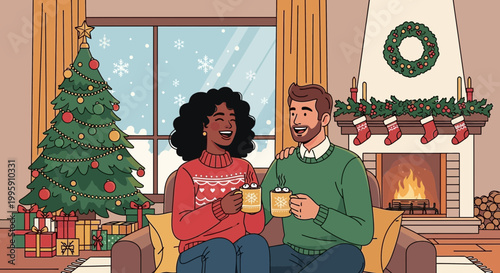 Cozy Couple Enjoying Hot Drinks by Christmas Tree and Fireplace