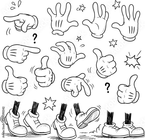Classic cartoon hands and feet poses outline set with thumb up