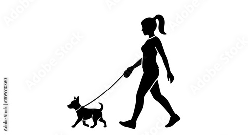 Silhouette of a woman walking her small dog on a leash in a park or outdoor setting.