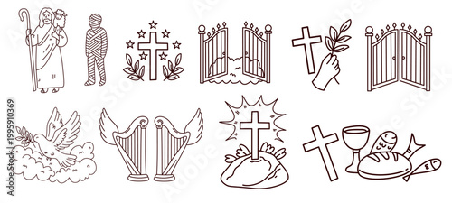 Collection of various religious christian line drawings
