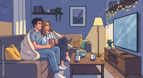 Cozy Couple Watching TV at Night, Sharing Popcorn Under Blanket