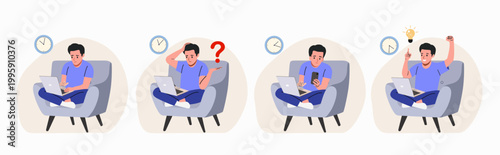 Man working on laptop, problem solving process, confusion to success, freelancer workflow concept set. Flat style cartoon vector illustration.