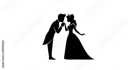 Elegant silhouette of a man in a tuxedo kissing a woman's hand in a ball gown.