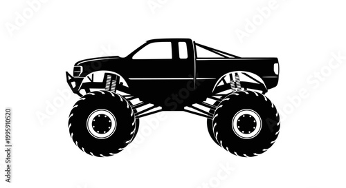 A black silhouette of a monster truck with oversized tires and suspension system, depicted against a white background.