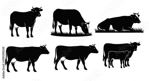 Collection of six black silhouettes of cows in various poses, including standing, grazing, and resting on grass, with one image showing a calf with adult cows.