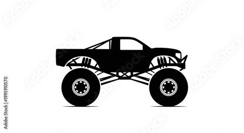 A black silhouette of a monster truck with oversized wheels and suspension system, presented against a white background.