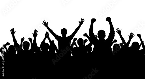 A silhouetted crowd of people with their arms raised in celebration or excitement against a white background.