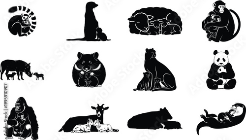 Black and white animal icons set