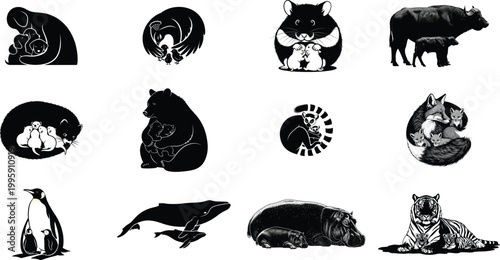 Black and white animal silhouette icons collection