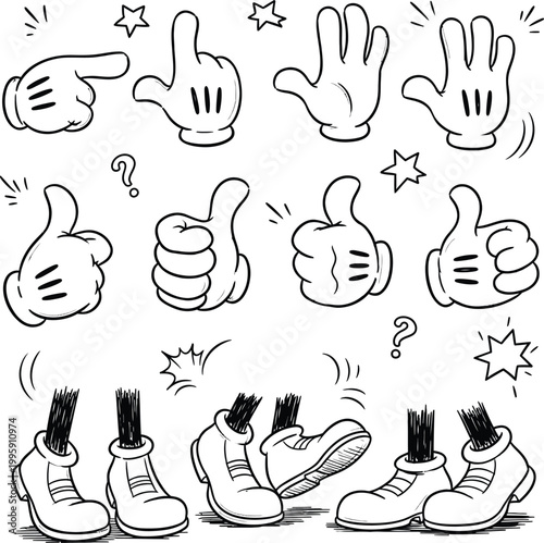 Funny cartoon hand gestures and footwear outline illustration set